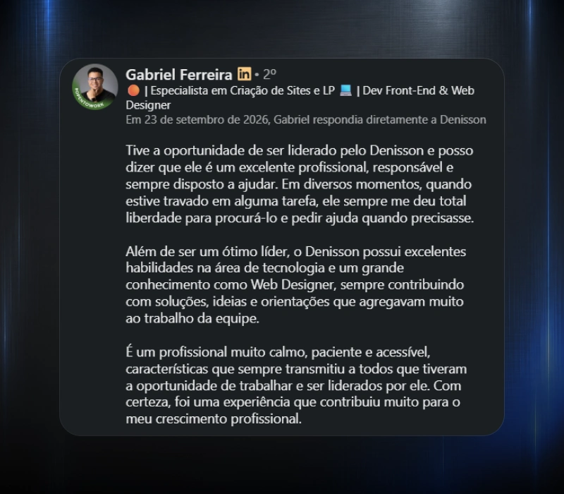 Recomendação de Gabriel Ferreira no LinkedIn