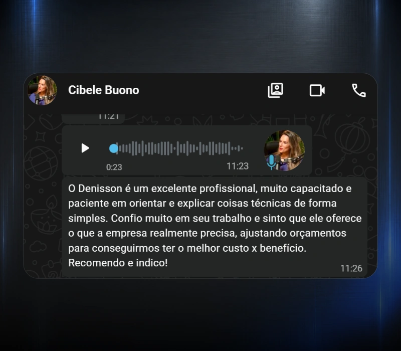Feedback de Cibele Buono, da Clarity Glass, por WhatsApp