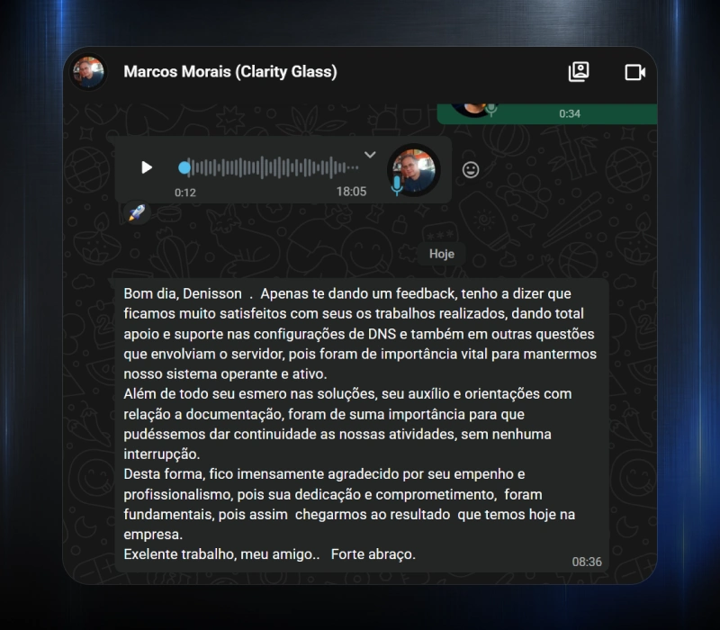 Feedback de Marcos Morais, da Clarity Glass, por WhatsApp