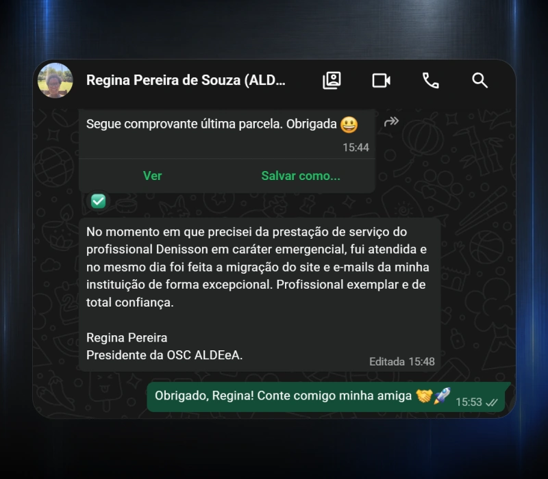 Feedback de Regina Pereira, presidente da OSC ALDEeA, por WhatsApp sobre a migração do site e dos e-mails