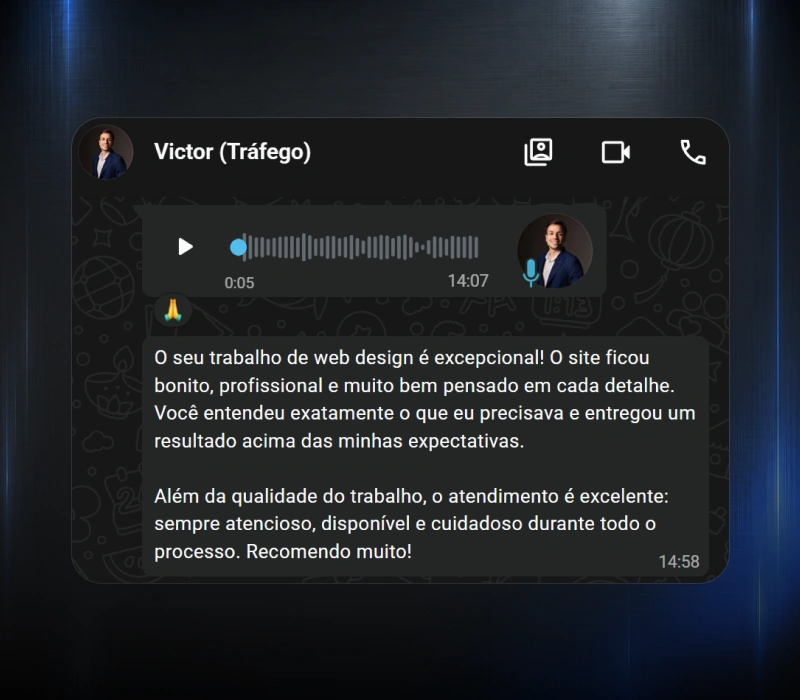 Feedback de Victor (Tráfego) por WhatsApp elogiando o site e o atendimento